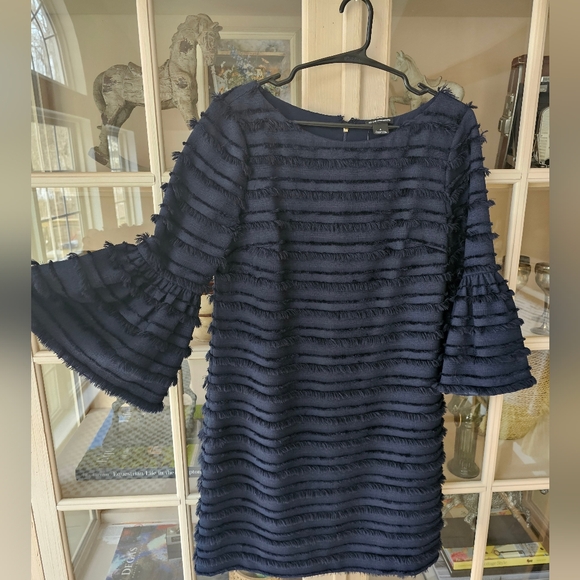Club Monaco Alannah Dress Fringe Stripes Navy Blue 3/4 Bell Sleeves - Picture 7 of 11